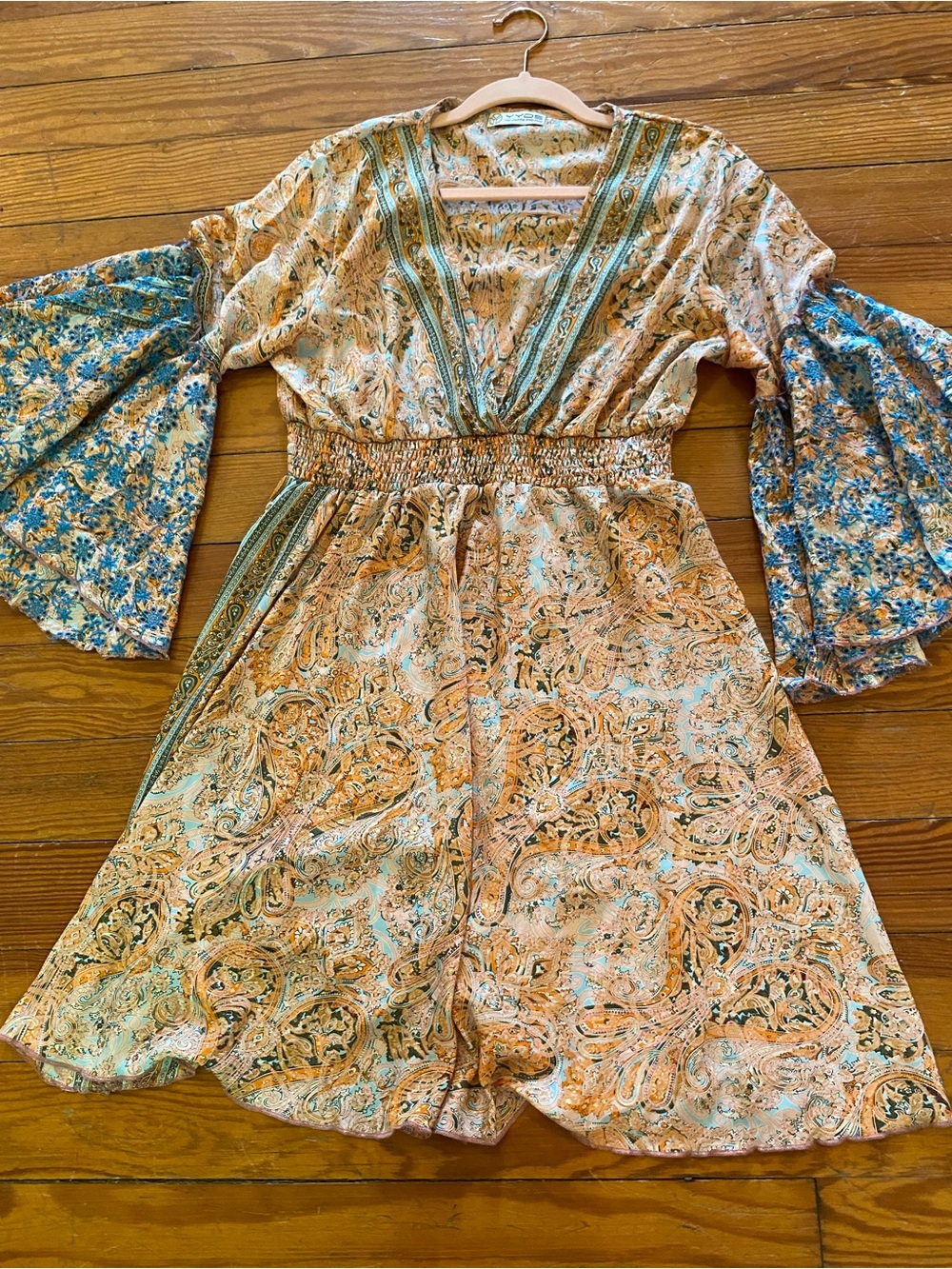 YYDS Boho Paisley Bell Sleeve Mini Dress Blue Orange Embroidered - MEDIUM